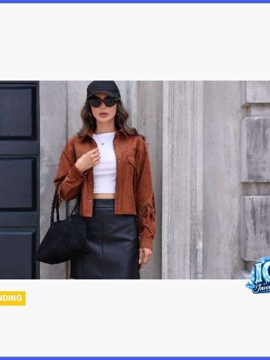 Faux Suede Fringe Jacket Crop Collar Drop Shoulder Long Sleeve Button - Picture 7 of 7